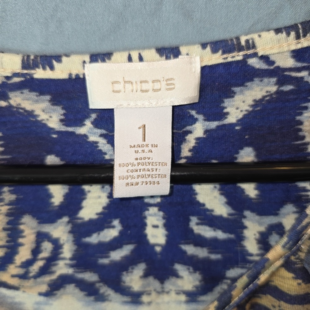 Chicos Sheer Ikat Damask Print Blouse Blue Tan Bell Sleeve Top Size 1 Medium - Picture 3 of 5
